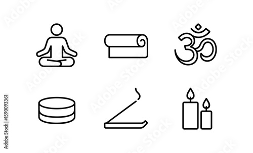 Minimalist yoga and meditation icon set with yoga mat and om symbol