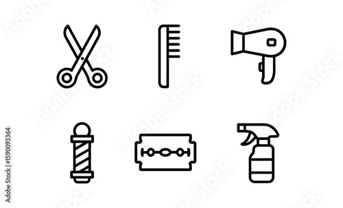 Barber tools icons set: scissors, comb, hairdryer, and razor blade in minimalist design