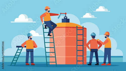 A team of workers climb a ladder to access the top of a fracking tank checking valves and levels to ensure the equipment is in working order before. Vector illustration