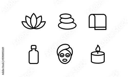 Minimalist spa icons set: wellness, relaxation, beauty essentials for self-care
