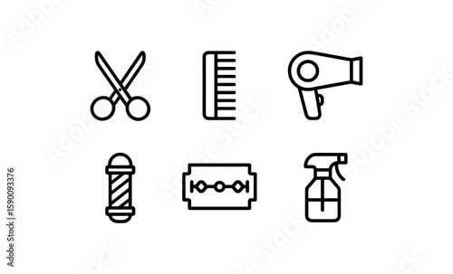 Minimalist barber icons: scissors, comb, hair dryer, spray, shaving tools