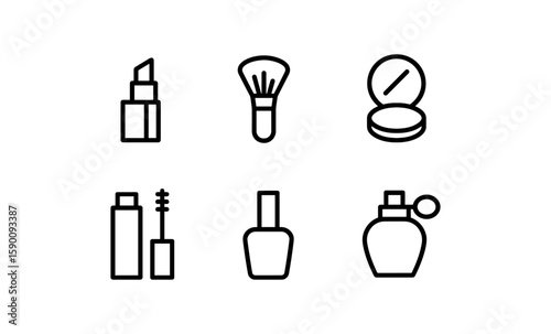 Minimalist beauty essentials icons: lipstick, brush, compact, mascara, nail polish, perfume