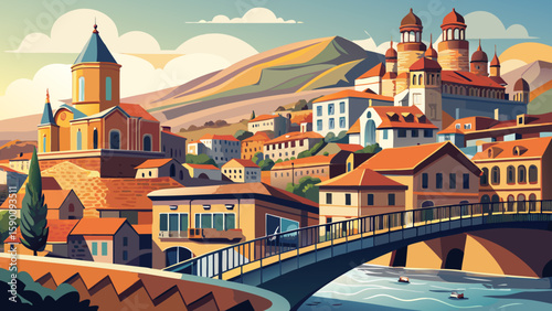 Tbilisi, Georgia – Old town balconies and modern bridges cross the Mtkvari River. Warm hues and mixed architecture make for an artistic and culturally layered vector backdrop.