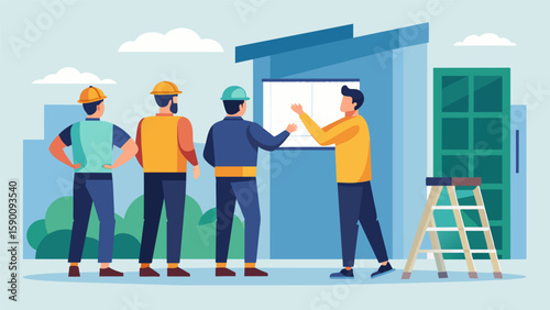 A team of architects observing the installation of exterior cladding checking for accuracy and quality.. Vector illustration