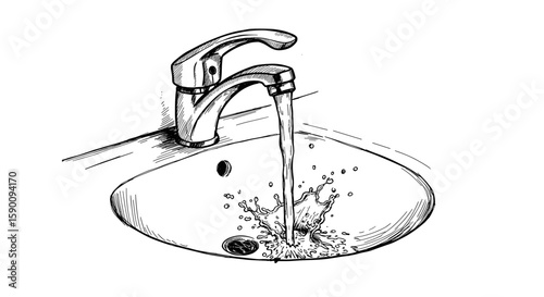Running water from tap into modern sink – vintage ink sketch hand-drawn black and white vector illustration