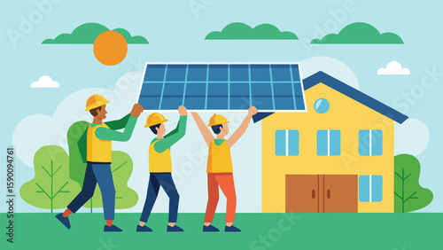 A group of builders working together to lift and position a large solar panel onto the roof of a community center.. Vector illustration