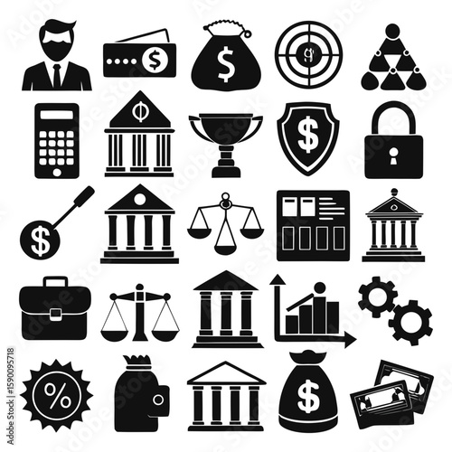 Banking and Finance Icons black silhouettes  vector editable svg file