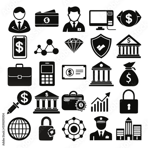 Banking and Finance Icons black silhouettes  vector editable svg file