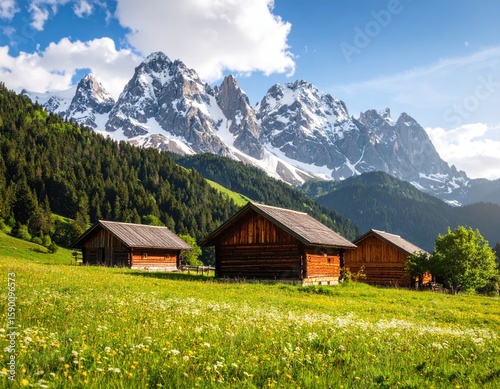 Alpine village scene with wooden houses, snow-capped peaks, and wildflowers