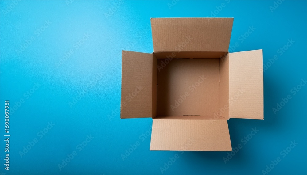 Obraz premium open cardboard box on blue background showing empty interior space top view