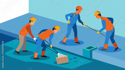 A team of workers using specialized equipment to inject waterproofing materials deep into the foundation ensuring every crevice is sealed.. Vector illustration