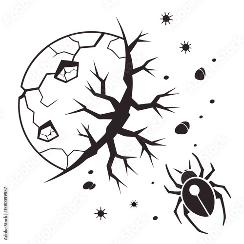 Cracked moon and spider with celestial bodies stars