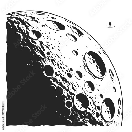 Craters moon surface with lone figure lunar surface
