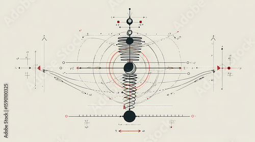 A minimal schematic vector illustration showing harmonic oscillations of a spring-mass system and a mathematical pendulum. equilibrium positions, motion paths and direction arrows are shown. force