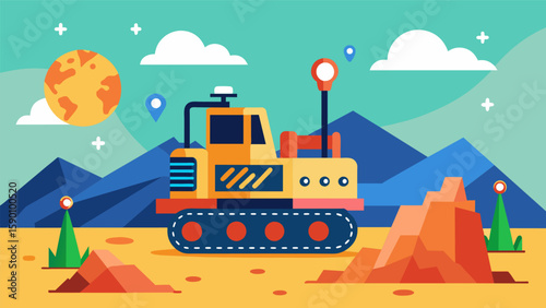 A robotic bulldozer guided by GPS and controlled remotely efficiently moving and leveling large amounts of earth without endangering workers.. Vector illustration