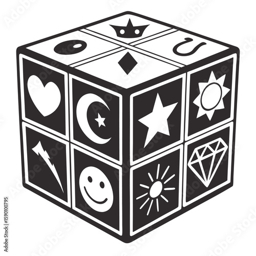 Cube with lucky symbols and celestial bodies heart