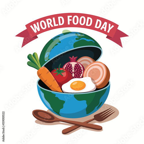 A vibrant illustration celebrates World Food Day, showcasing a globe overflowing with fresh produce, including carrots, tomatoes, and eggs, all tied together with a festive red ribbon.
