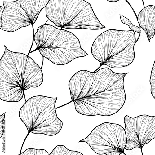 Delicate Black Line Art of Leaf Patterns on a White Background Showcasing Int...