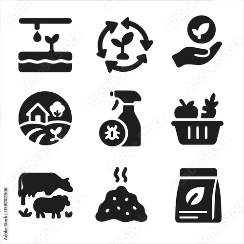Sustainable Agriculture Icons. Solid style icons of sustainable agriculture: drip irrigation, crop rotation, organic farming,