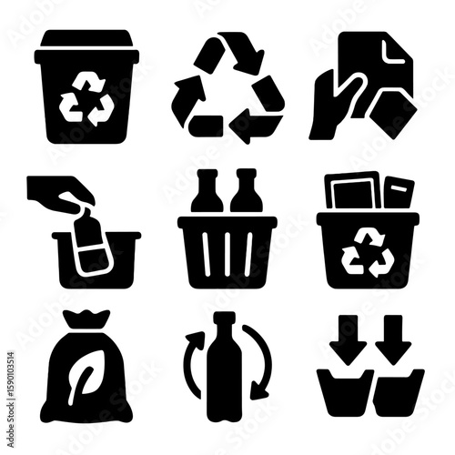 Recycling Icons Collection. Solid style icons of recycling: recycling bin, recycle symbol, paper recycling, plastic sorting, glass
