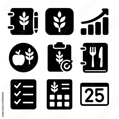 Fiber Tracking Icons. Solid style icons of fiber intake tracking: food diary, fiber app icon, bar chart, daily intake icon,