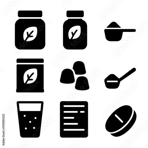 Fiber Supplements Icons. Solid style icons of fiber supplements: fiber powder jar, capsule bottle, measuring scoop, supplement