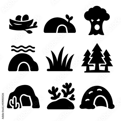 Wildlife Habitat Icons. Solid style icons of wildlife habitat: bird nest, burrow icon, tree hollow, underwater cave, grassland