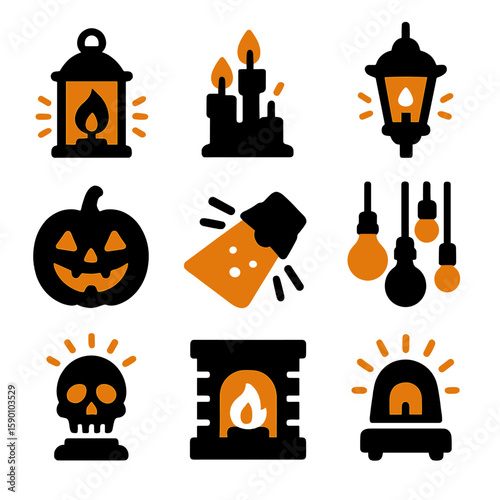 Halloween Light Icons. Solid style icons of Halloween lighting: lantern with flame, candle group, jack-o’-lantern light, street