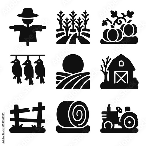 Scarecrow and Moonlit Fields. Solid style icons of scarecrows and fields: scarecrow with hat, cornfield rows, pumpkin field,