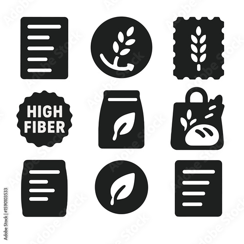 Fiber Icons Collection. Solid style icons of fiber labels and packaging: nutrition facts label, fiber content icon, whole grain