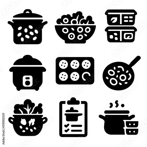 Bulk Cooking Icons. Solid style icons of bulk cooking fiber meals: stockpot with beans, large salad bowl, meal prep boxes, rice