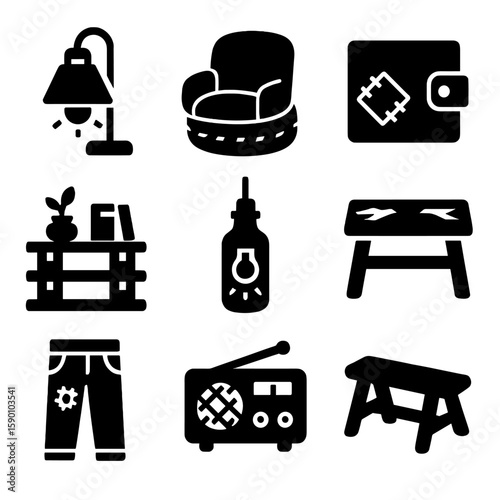 Upcycled Product Icons. Solid style icons of upcycled products: tin can lamp, tire chair, fabric wallet, pallet shelf, glass