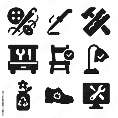 Repair and Repurpose Icons. Solid style icons of repair and repurpose: sewing kit, soldering iron, wood repair, tool bench, mended