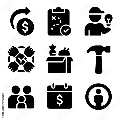 Economic Resilience Icons. Solid style icons of economic resilience: backup income, survival plan, side hustle icon, community