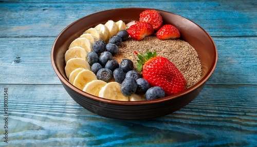 healthy fruit sorghum bowl with blueberries strawberries and bananas on a wooden kitchen table promoting wellness and nutritious eating lifestyle