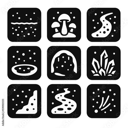 Bioluminescent Wonders. Solid style icons of bioluminescent environments: glowing algae, light-emitting fungus, shimmer trail,