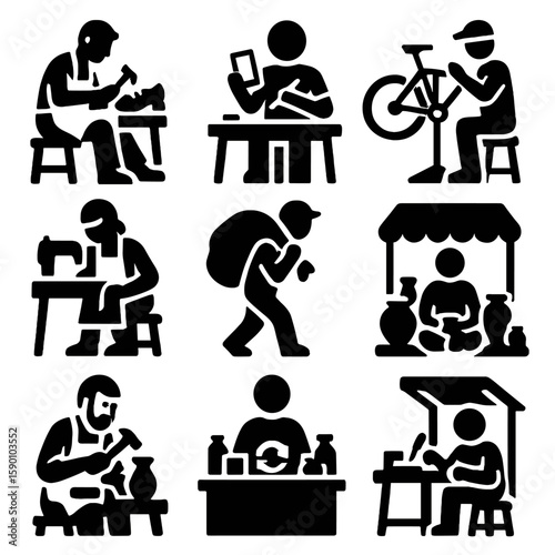 Local Micro-Business Icons. Solid style icons of local micro-businesses: shoe fixer, mobile phone repair, bicycle mechanic, tailor
