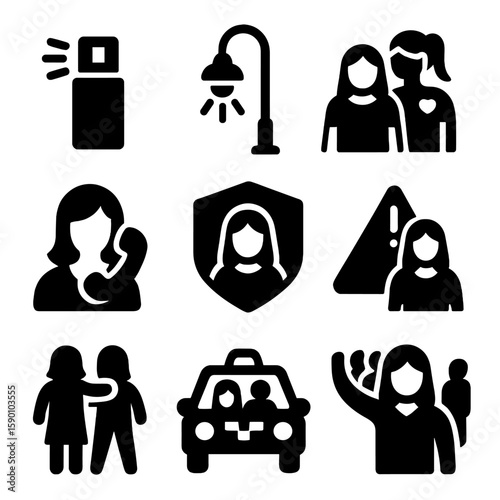 Women's Safety Icons. Solid style icons of women’s safety in community: pepper spray icon, street lighting, escort volunteer,