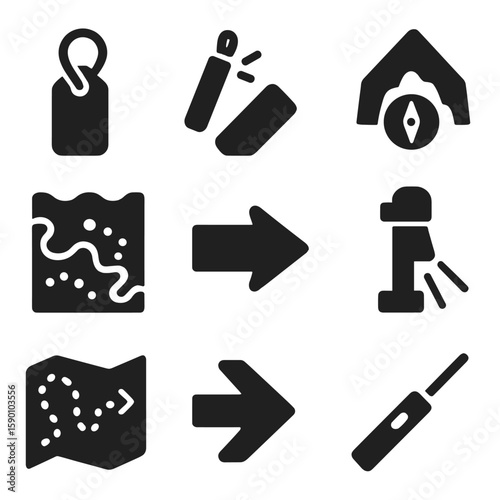 Subterranean Navigation Icons. Solid style icons of subterranean navigation: rope tag, glow stick, trail marker, compass with cave