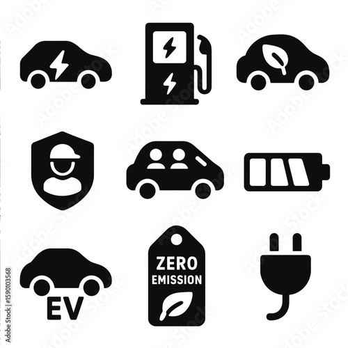 Electric Car Icon Set. Solid style icons of electric car rideshare: EV icon, charging station, green energy ride, eco driver badge