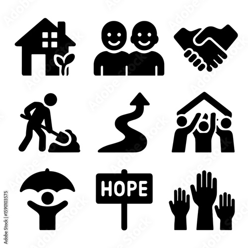 Community Resilience Icons. Solid style icons of resilience and recovery: rebuilt home, smiling neighbors, handshake support,