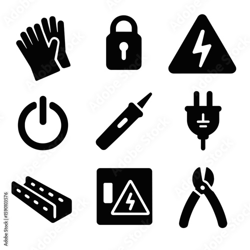 Electrical Safety Icons. Solid style icons of electrical safety: insulated gloves, lockout tag, warning lightning bolt, power off