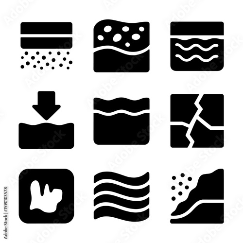 Geological Icons Collection. Solid style icons of geology and hydrology: sediment layer, porous rock, aquifer zone, groundwater