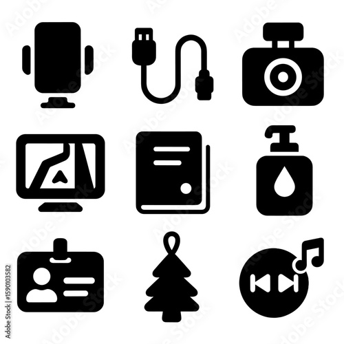 Rideshare Driver Essentials. Solid style icons of rideshare driver equipment: phone mount, charging cable, dashcam icon, GPS