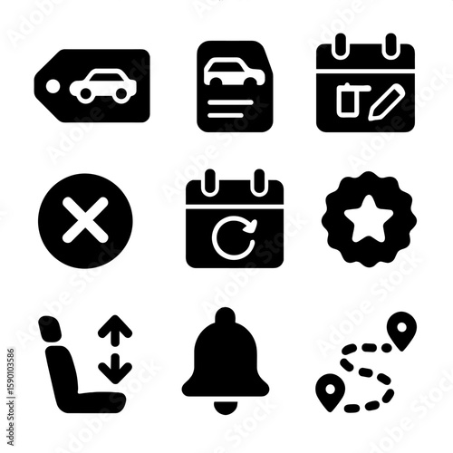 Flexible Ride Icons. Solid style icons of flexible ride plans: one-time ride tag, monthly pass, schedule edit icon, cancel ride