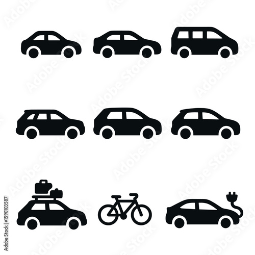 Rideshare Vehicle Icons. Solid style icons of rideshare vehicle types: compact car, sedan, minivan, SUV, hatchback, luxury ride,