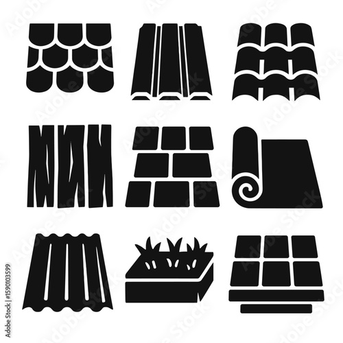 Solid Roofing Icons. Solid style icons of roofing materials: asphalt shingles, metal panels, clay tiles, wood shakes, slate tile,