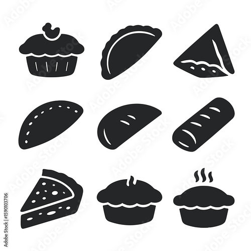 Savory Pie Icons. Solid style icons of savory pies and pastries: chicken pie, beef pasty, spanakopita, empanada, calzone, sausage