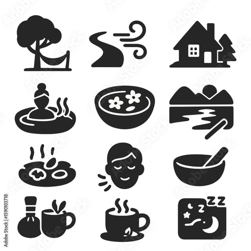 Relaxation Icons Collection. Solid style icons of relaxation and wellness: hammock under tree, nature walk trail, ocean breeze