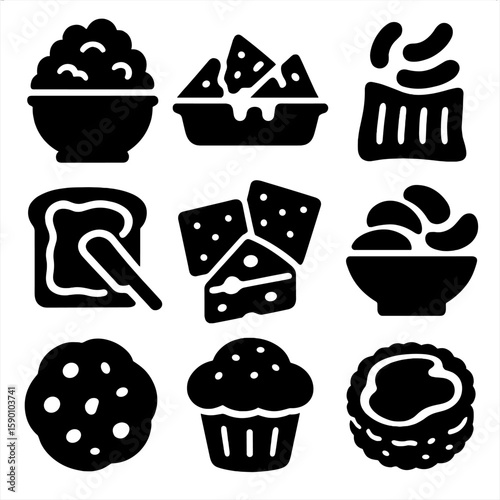 Comfort Snack Icons. Solid style icons of comfort snacks: popcorn bowl, nachos tray, cheese puffs, peanut butter toast, crackers
